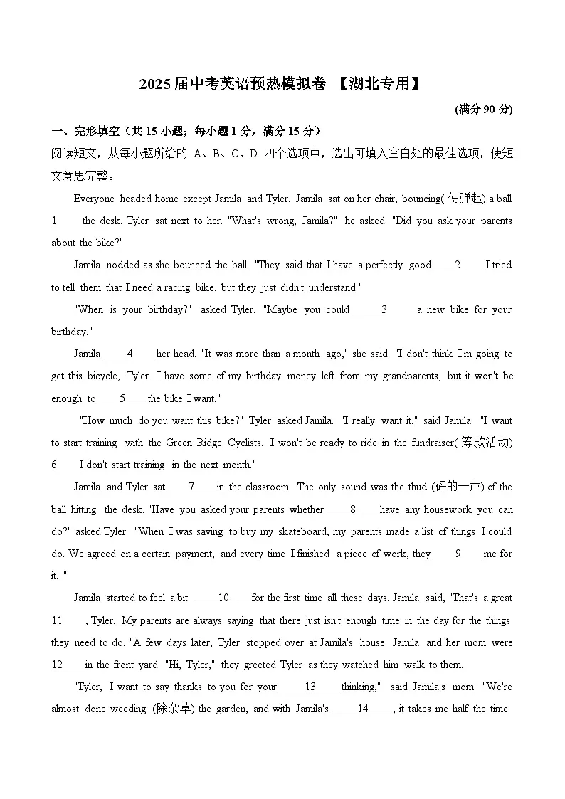 2025届中考英语模拟卷（无听力） 【湖北专用】第1页