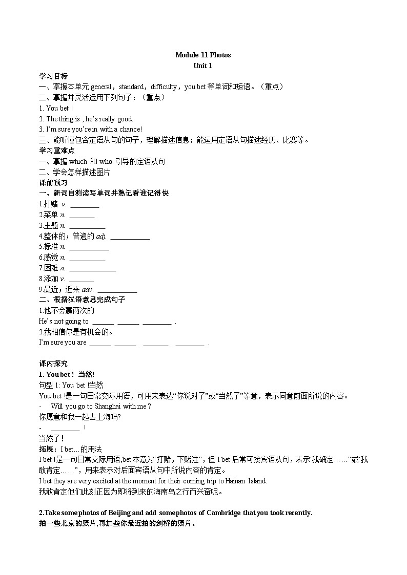 外研版（新标准）九年级上册Module 11 Photos 导学案第1页
