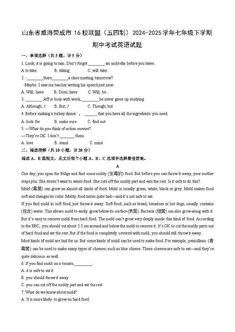 山东省威海荣成市16校联盟（五四制）2024-2025学年七年级下学期期中考试英语英语试卷第1页