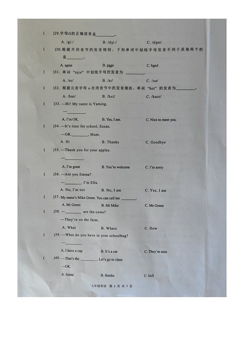 广西壮族自治区北海市合浦县2024-2025学年七年级上学期11月期中英语试题第3页