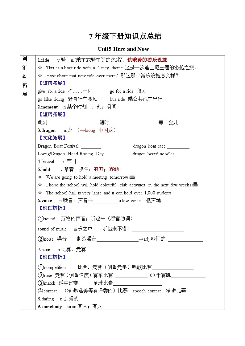 Unit5 Here and Now 2025年人教版新版七年级下册知识点总结&语法专项练习(学生版）第1页