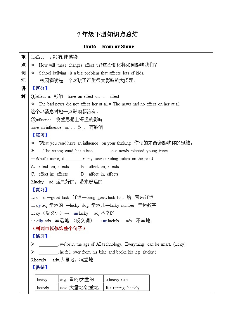 Unit6 Rain or Shine 2025年人教版新版七年级下册知识点总结&语法专项练习(学生版）第1页