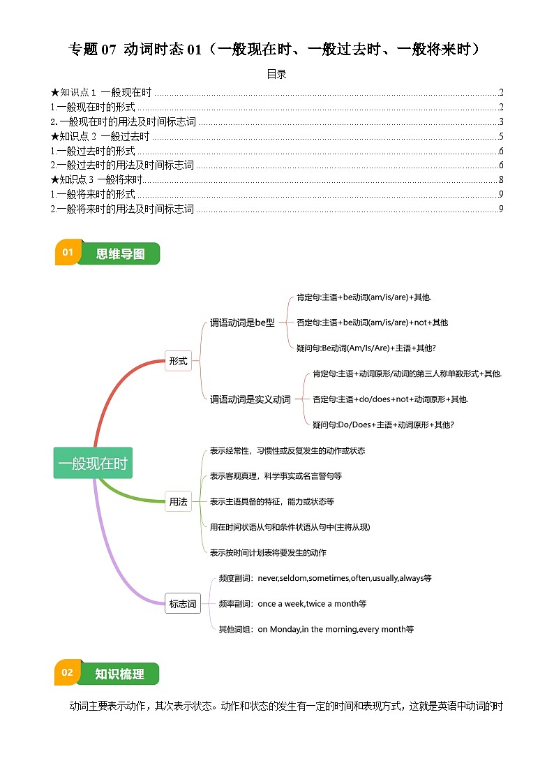 2025年中考英语专项复习讲义专题07 动词时态01(一般现在时、一般过去时、一般将来时)(原卷版)第1页