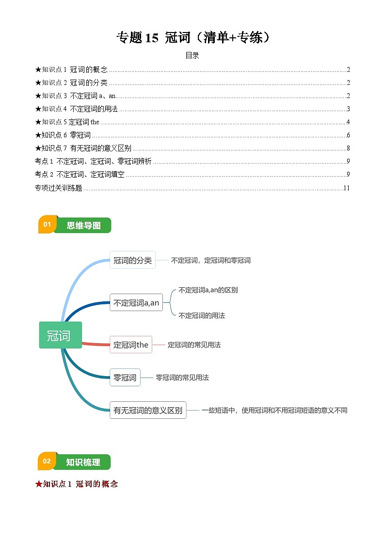 2025年中考英语专项复习讲义专题15 冠词(清单+专练)(原卷版)第1页