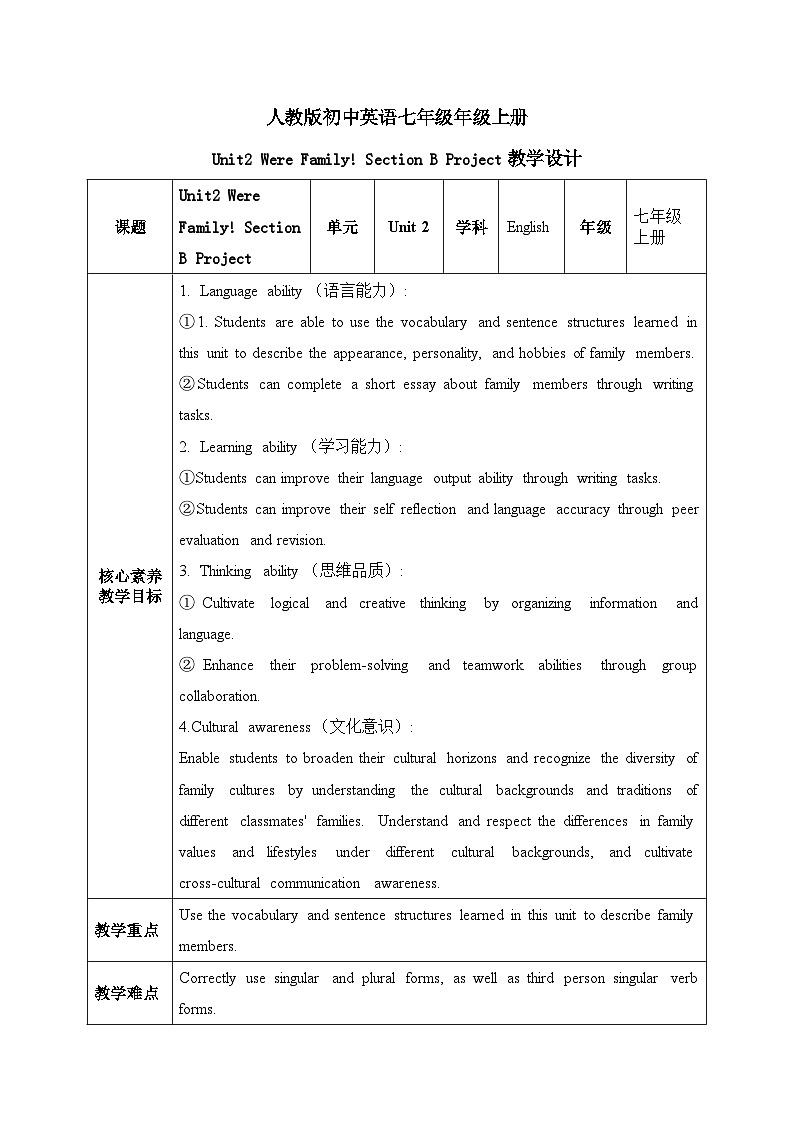 人教2024初中英语七年级上册Unit2Were FamilySectionBProject教案第1页