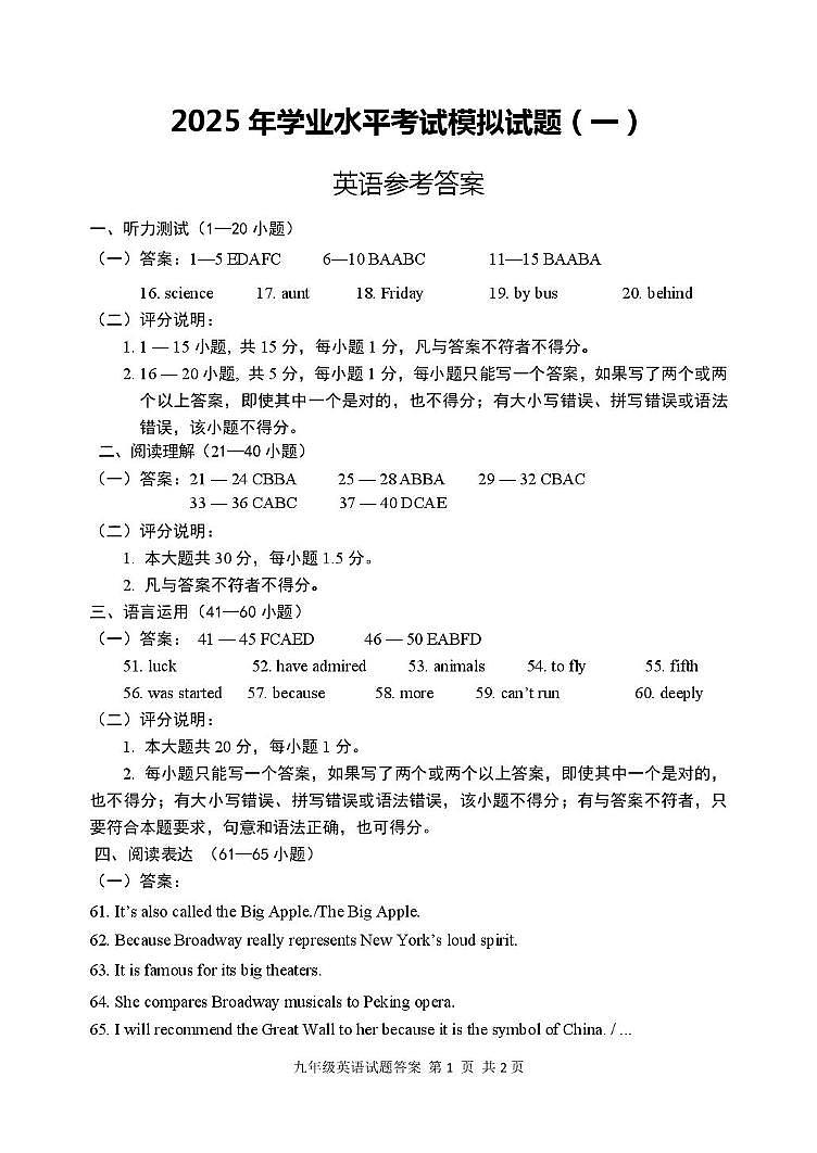 英语模拟试题（一）答案第1页