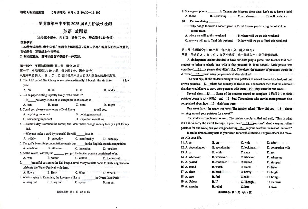 2025年昆明市第三中学九年级六月适应性检测英语试题卷第1页