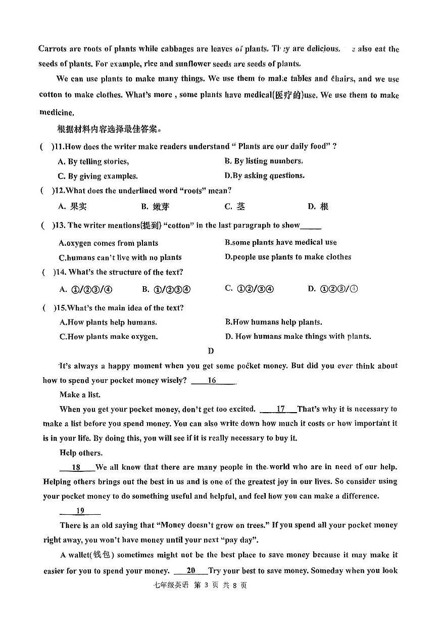 河南省南阳市镇平县2024-2025学年七年级下学期5月月考英语试题第3页