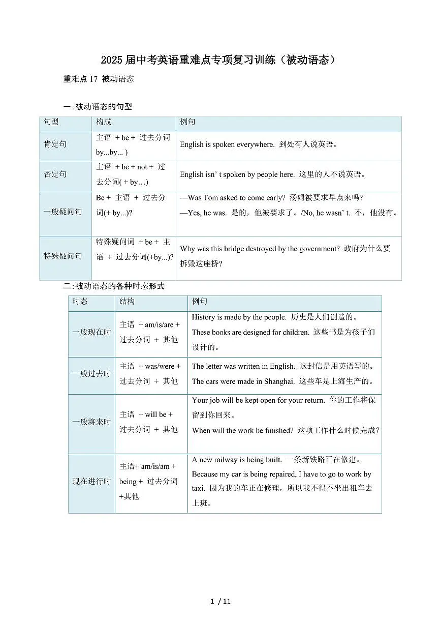 2025年中考英语重难点专项复习训练[被动语态]附答案第1页