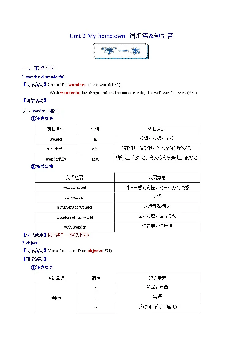Unit 3 My hometown 词汇篇&句型篇（“学”&“练”）（解析版）第1页