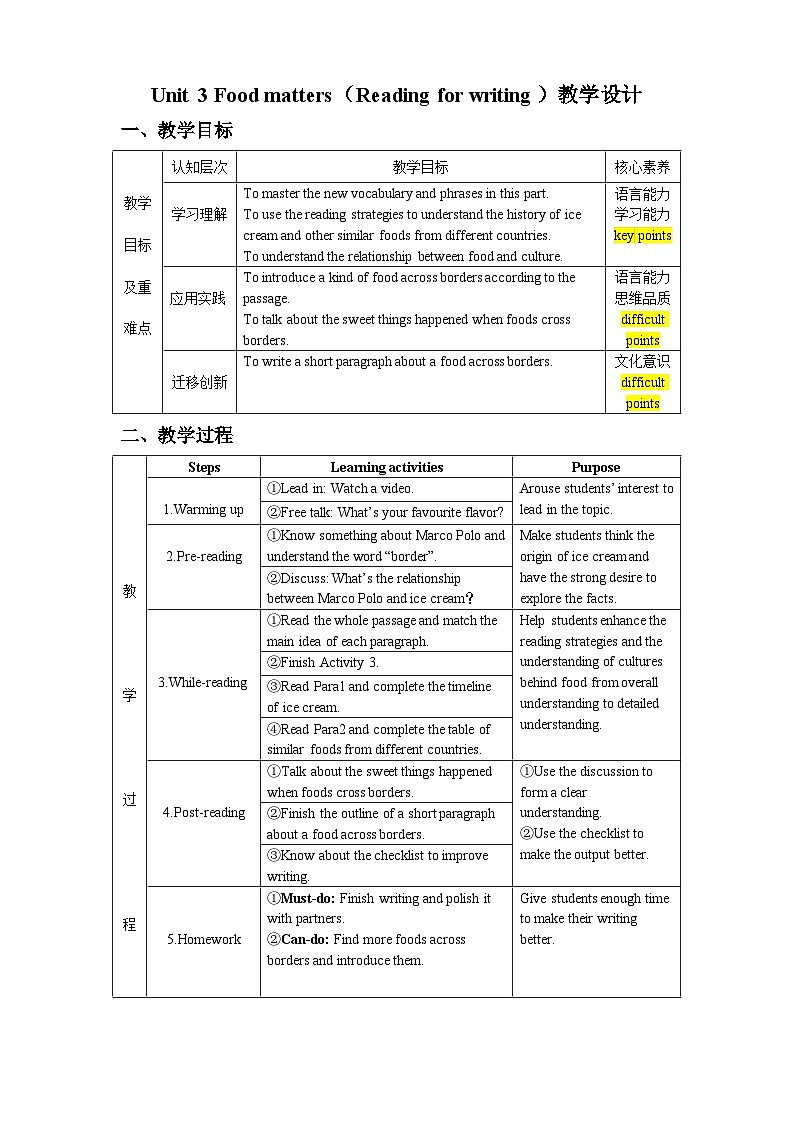 Unit 3 Food matters（Reading for writing）教学设计第1页