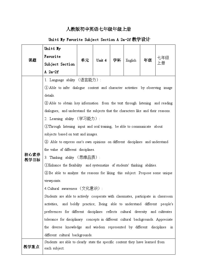 人教2024初中英语七年级上册Unit4My Favorite SubjectSectionA2a-2f第1页