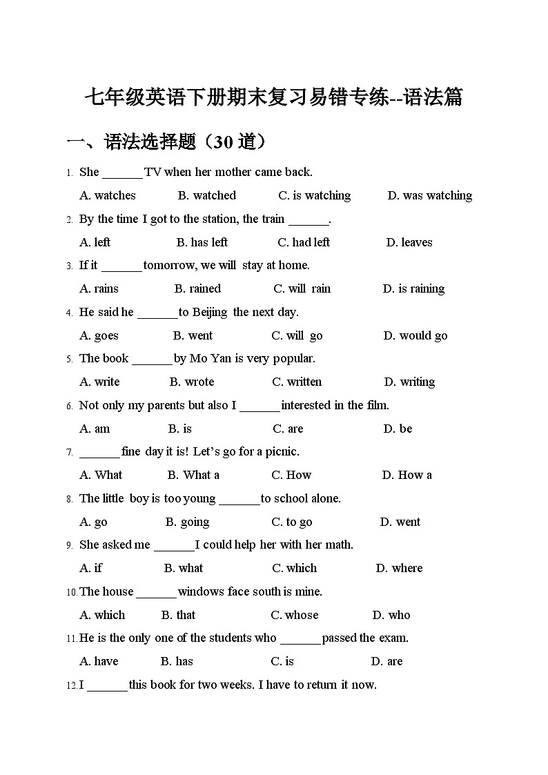 2024年人教版七年级英语下册期末复习易错专练--语法篇docx第1页