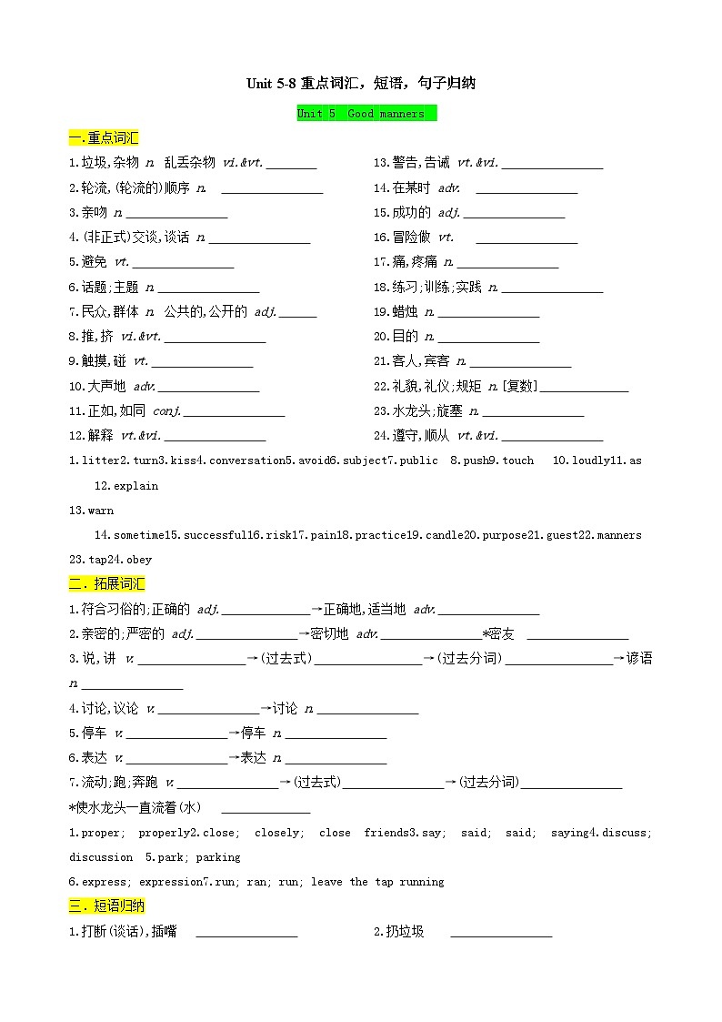 译林版2025年八年级英语下学期期末总复习（知识梳理）考点清单01Unit5-8重点词汇，短语，句子归纳(教师版)第1页