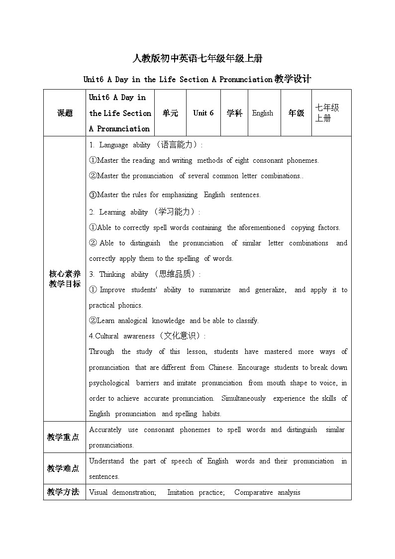 人教2024初中英语七年级上册Unit6A Day in the Life SectionAPronunciation第1页