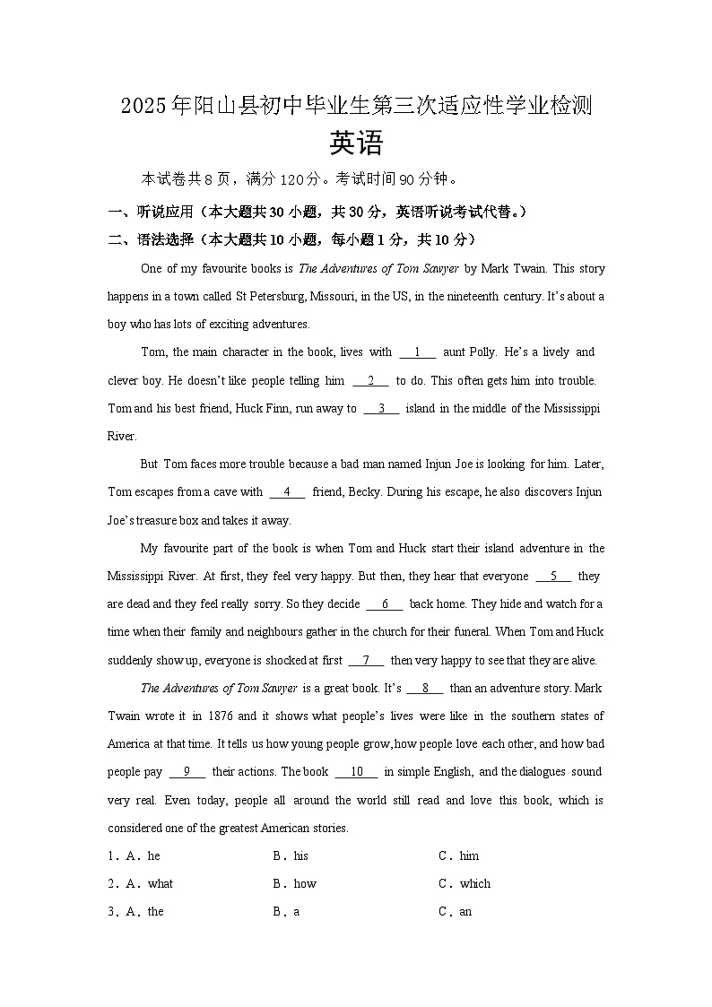 2025年广东省清远市阳山县中考三模英语试题（中考模拟）第1页