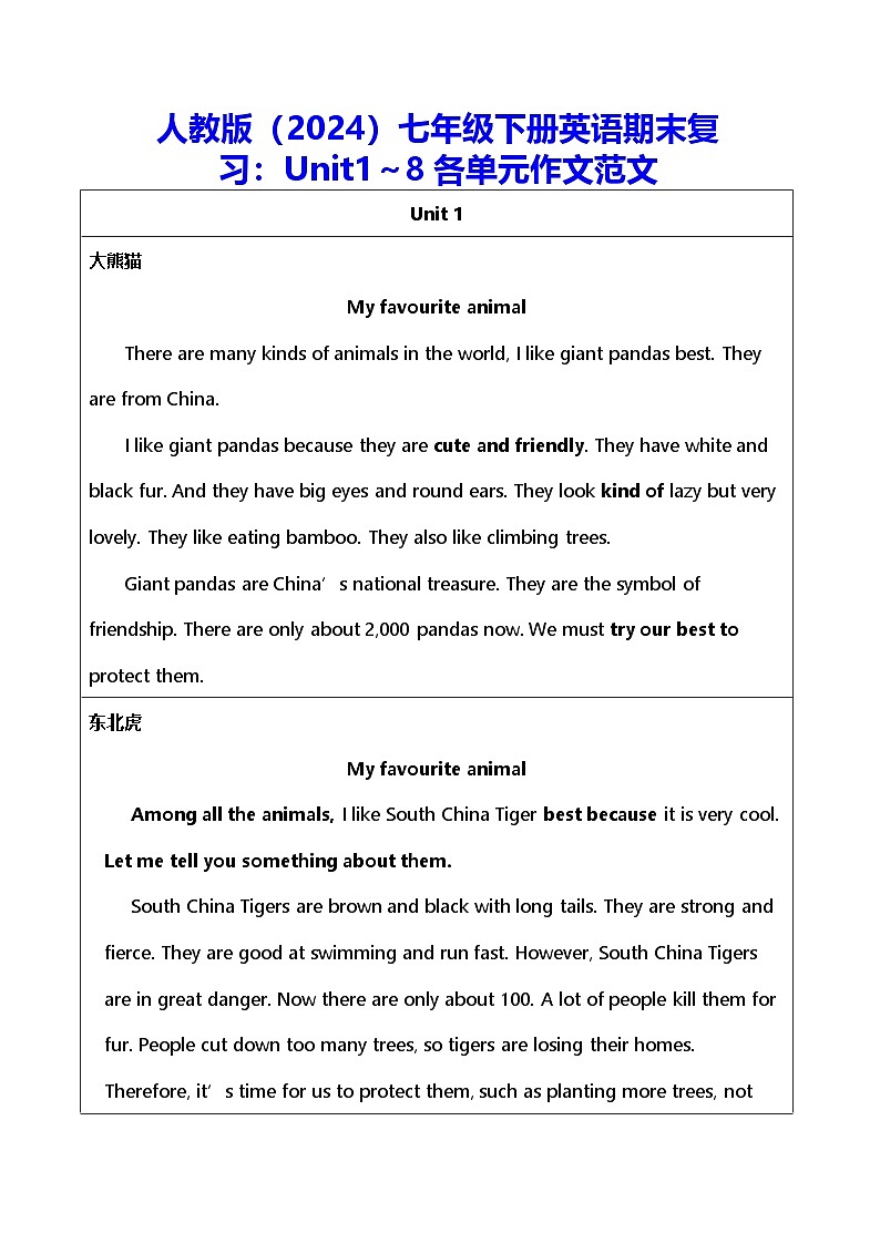 人教版（2024）七年级下册英语期末复习：Unit1～8各单元作文范文 学案第1页