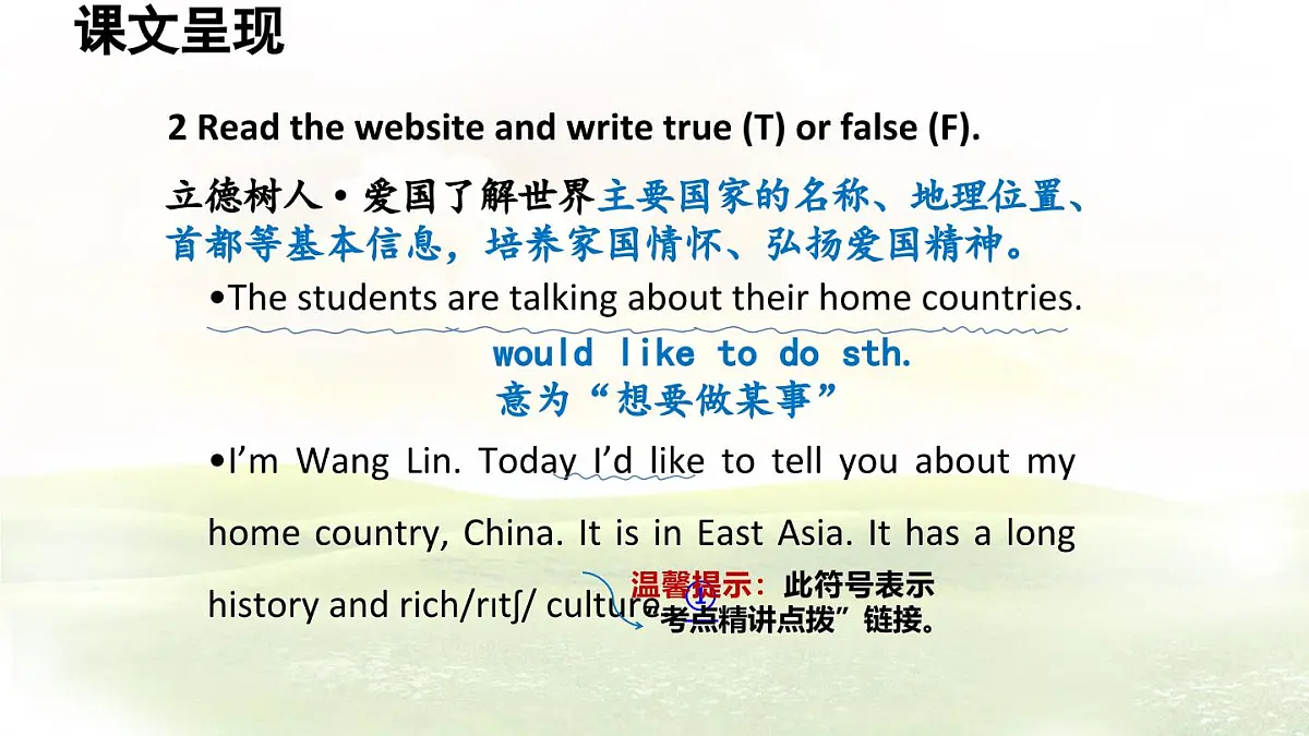 冀教版英语（2024） 七年级上册 Unit 8 Lesson 2 My home country课件第4页