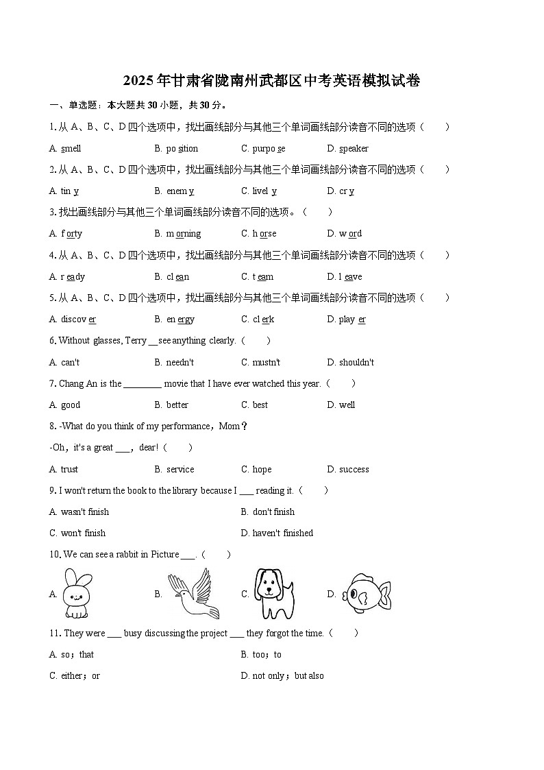 2025年甘肃省陇南州武都区中考英语模拟试卷(含详细答案解析)第1页