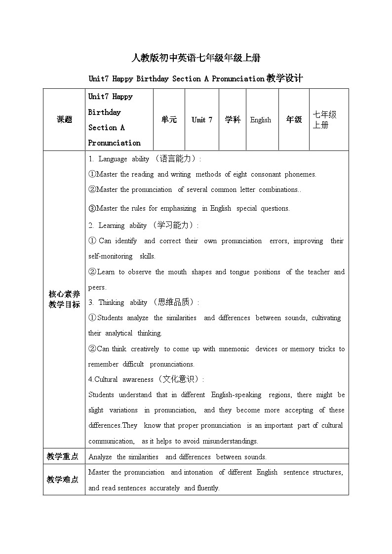 人教2024初中英语七年级上册Unit7Happy Birthday SectionAPronunciation第1页