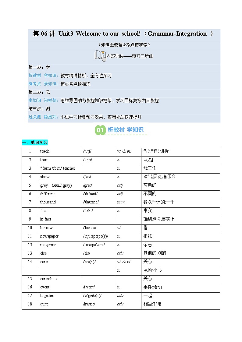 （预习部分）第06讲 Unit3 Welcome to our school!（Grammar-Integration）（知识全梳理&考点精准练）（解析版）第1页