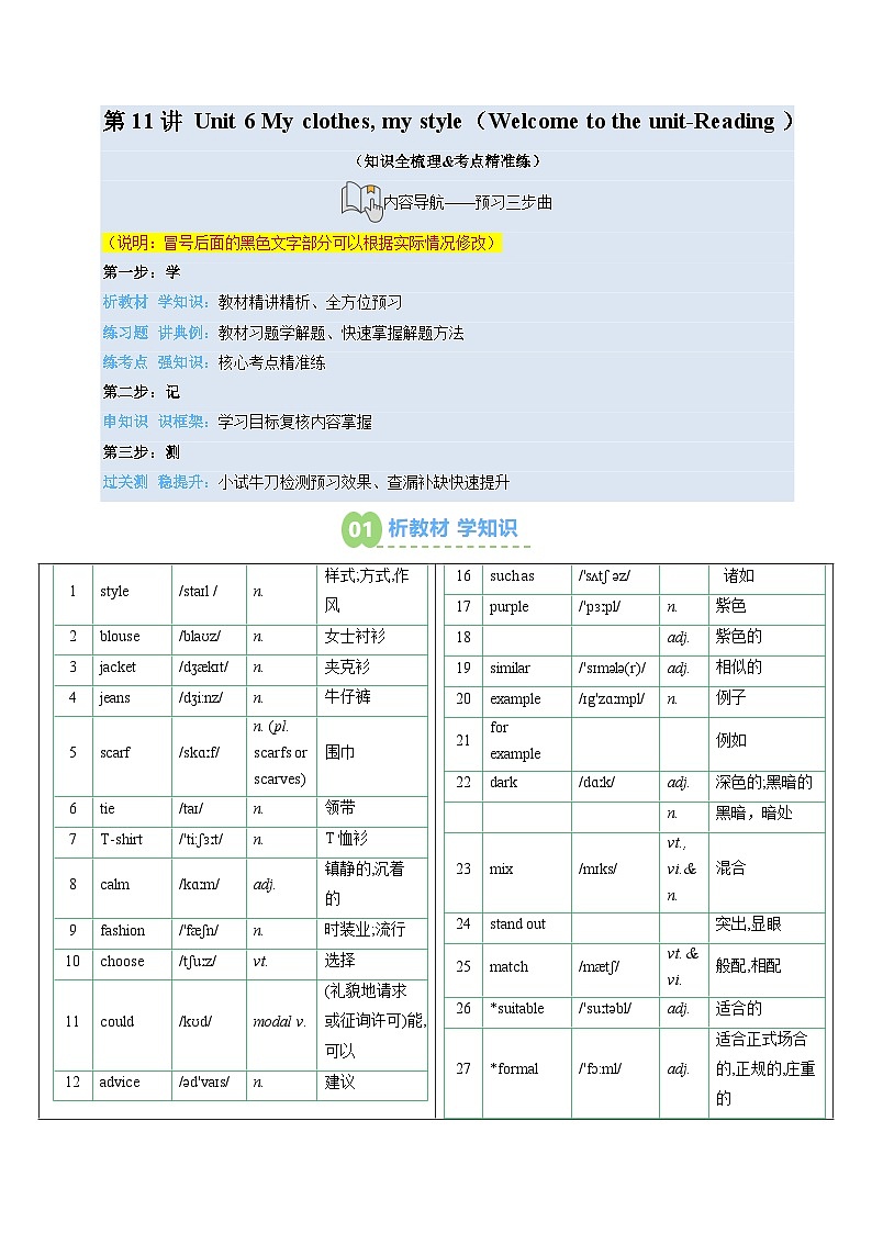 第11讲 Unit 6 My clothes, my style（Welcome to the unit-Reading）（知识全梳理&考点精准练）（解析版）第1页