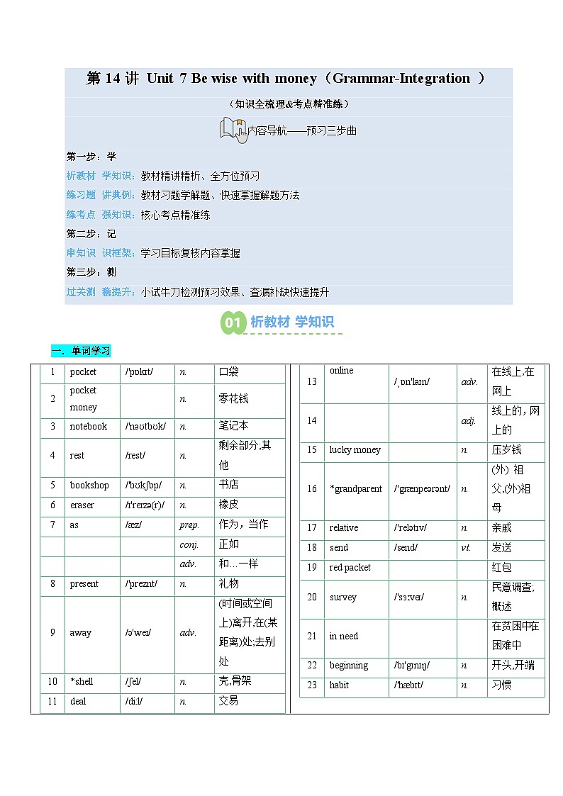 第14讲 Unit 7 Be wise with money（Grammar-Integration）（知识全梳理&考点精准练）（原卷版）第1页