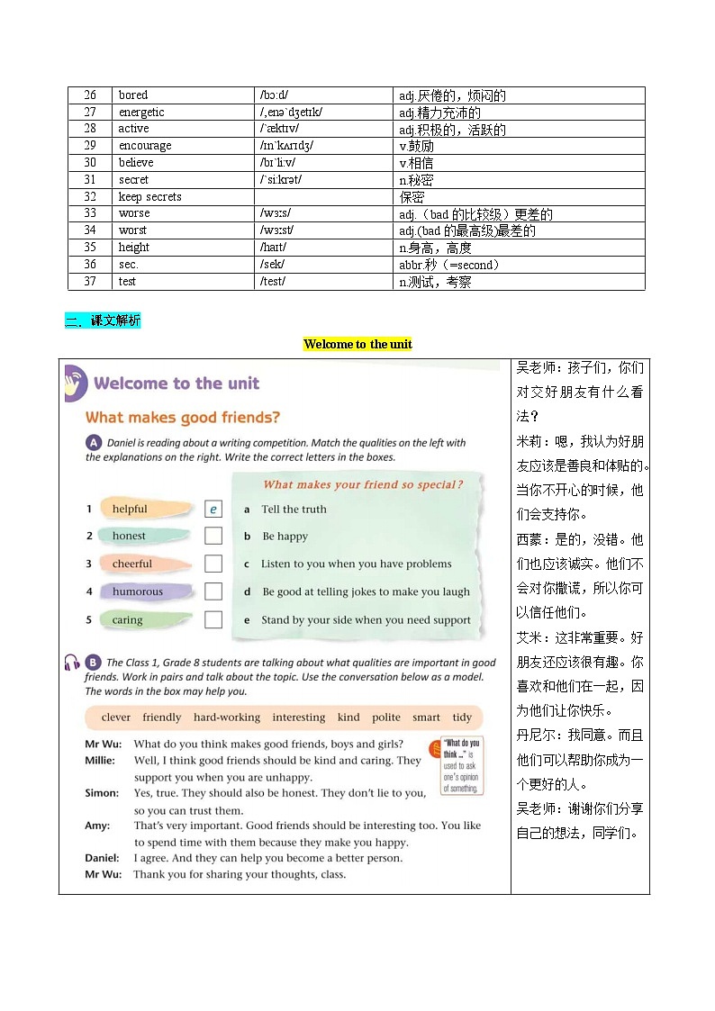 （预习部分）第01讲 Unit 1 Friendship（Welcome to the unit-Reading）（知识全梳理&考点精准练）（解析版）第2页