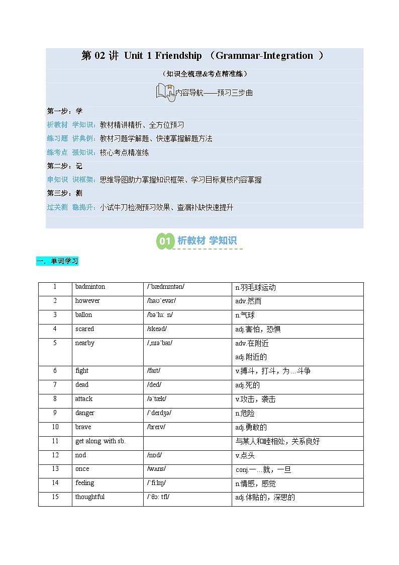 （预习部分）第02讲 Unit 1 Friendship（Grammar-Integration）（知识全梳理&考点精准练）（解析版）第1页
