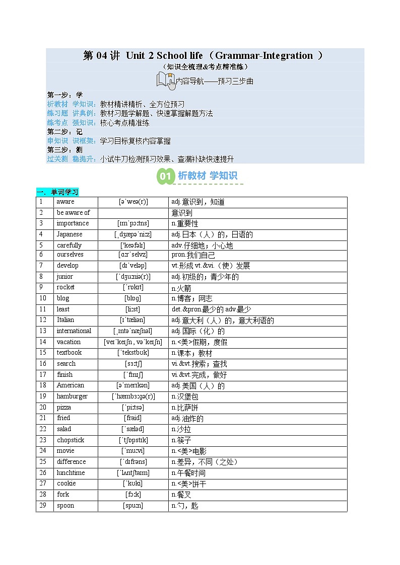 第04讲 Unit 2 School life（Grammar-Integration）（知识全梳理&考点精准练）（原卷版）第1页