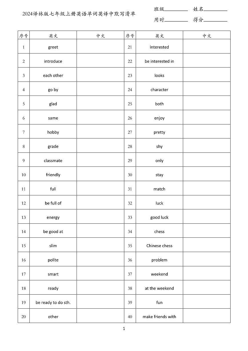 2024译林版七年级上册英语单词英译中默写清单（知识点）第1页