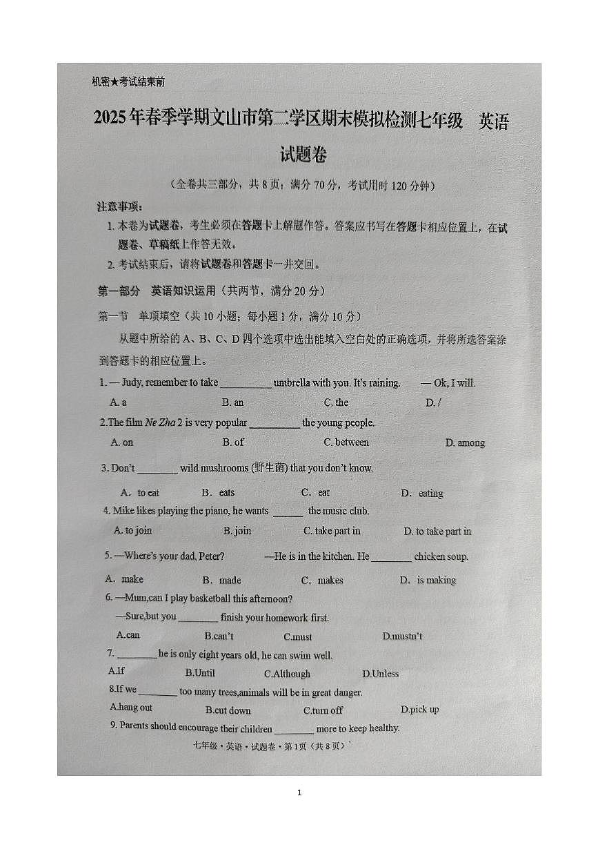 云南省文山壮族苗族自治州文山市第二学区七年级下学期期末模拟预测英语试题第1页