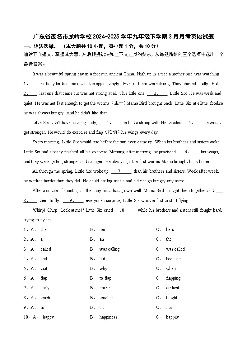 广东省茂名市龙岭学校2024-2025学年九年级下学期3月月考英语试题第1页