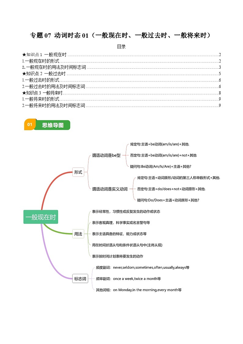 专题07 动词时态01（一般现在时、一般过去时、一般将来时）（原卷版）第1页