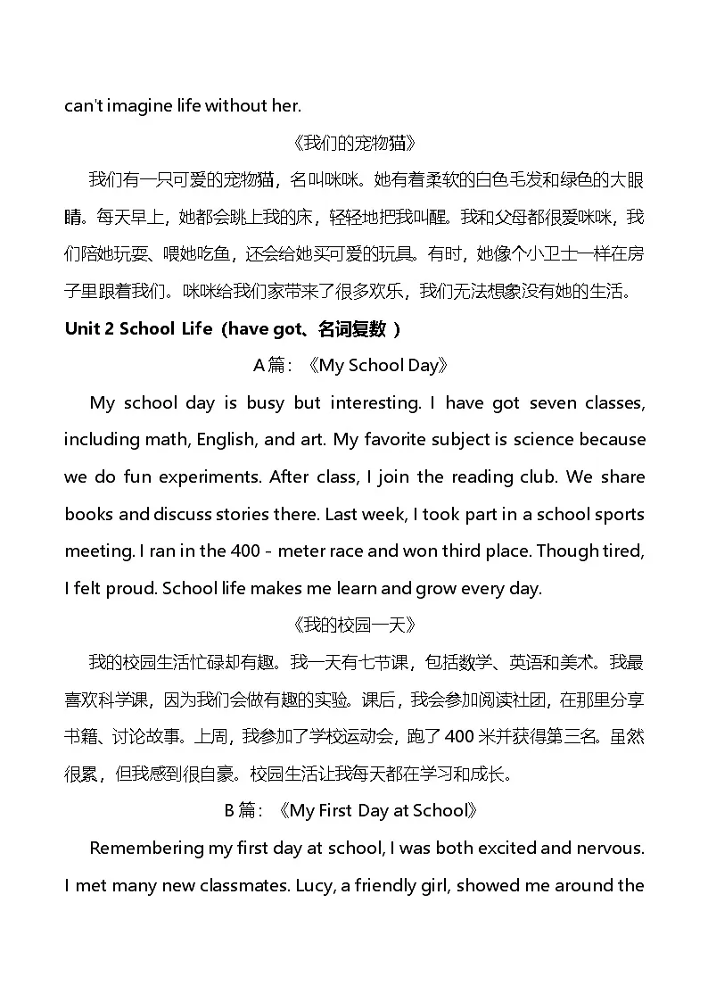 北师大版（2024）七年级下册英语期末复习：各单元主题作文范文 学案第2页