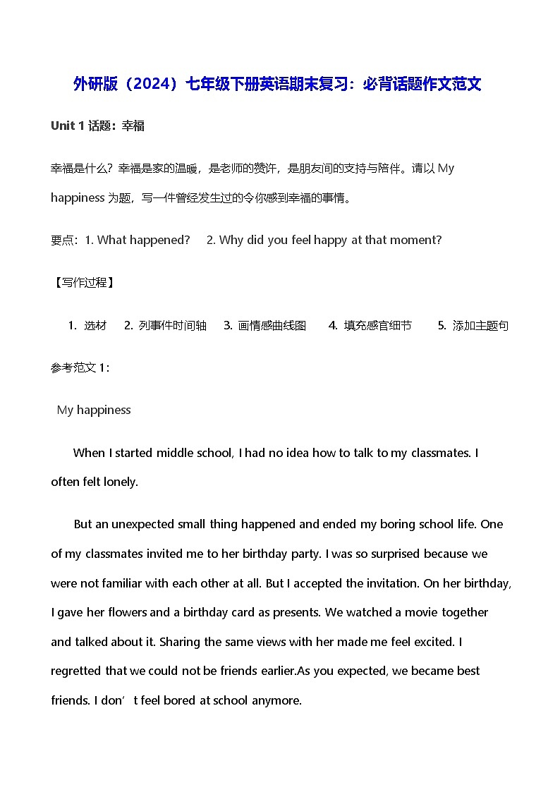 外研版（2024）七年级下册英语期末复习：必背话题作文范文 学案第1页