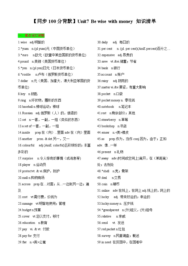 【同步100分背默】Unit7 Be wise with money 知识清单（记忆版）-2024-2025学年七年级上册同步知识背默（牛津译林版2024）第1页