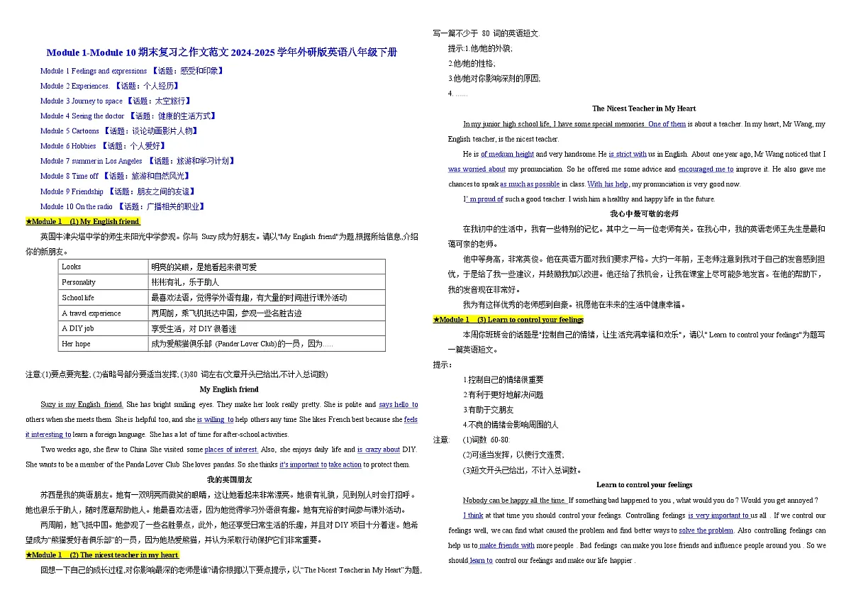 外研版初中英语2024-2025学年八年级下册Module 1-Module 10期末复习之作文书面表达范文学案第1页