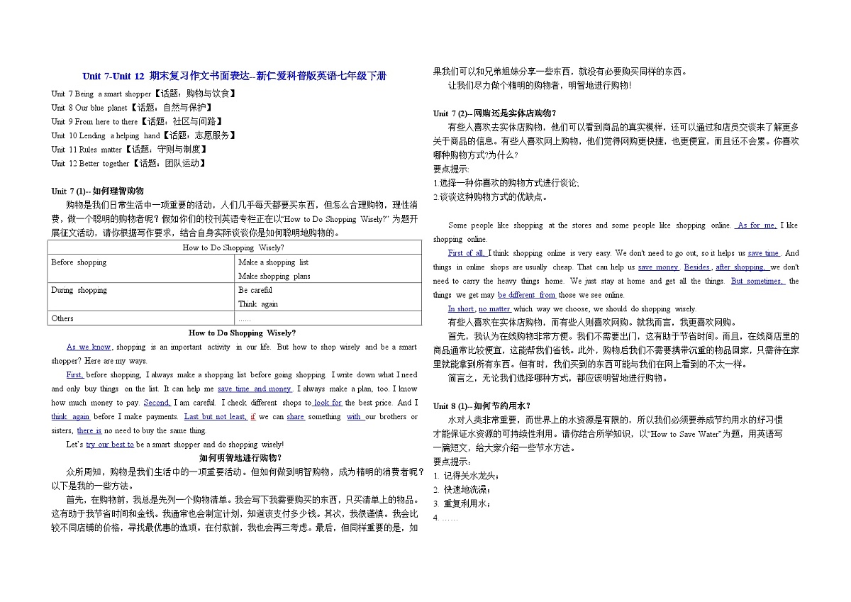 新仁爱科普版初中英语2024-2025学年七年级下册 Unit 7-Unit 12 期末复习之作文书面表达范文第1页
