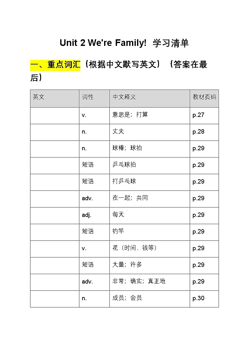 2024年人教版英语七年级上册Unit 2 We're Family 学习清单学案（含书面表达）第1页