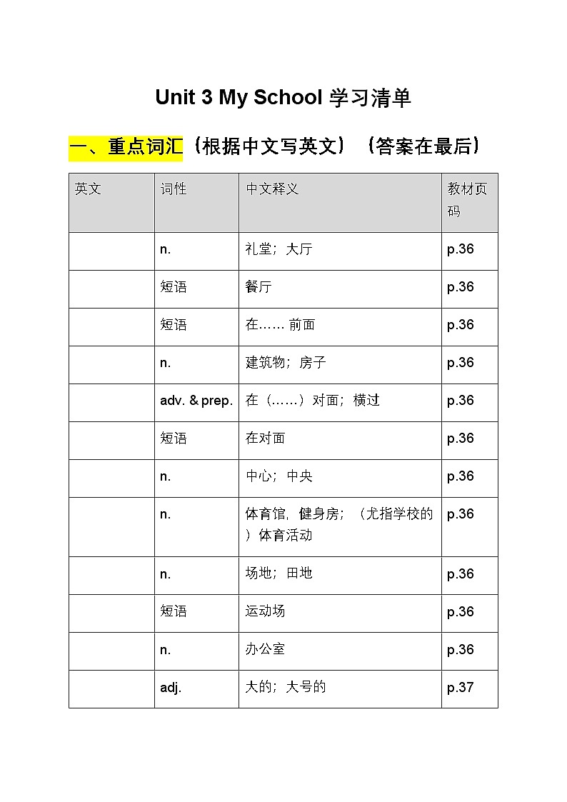 2024年人教版英语七年级上册Unit 3 My School学习清单学案（含书面表达）第1页