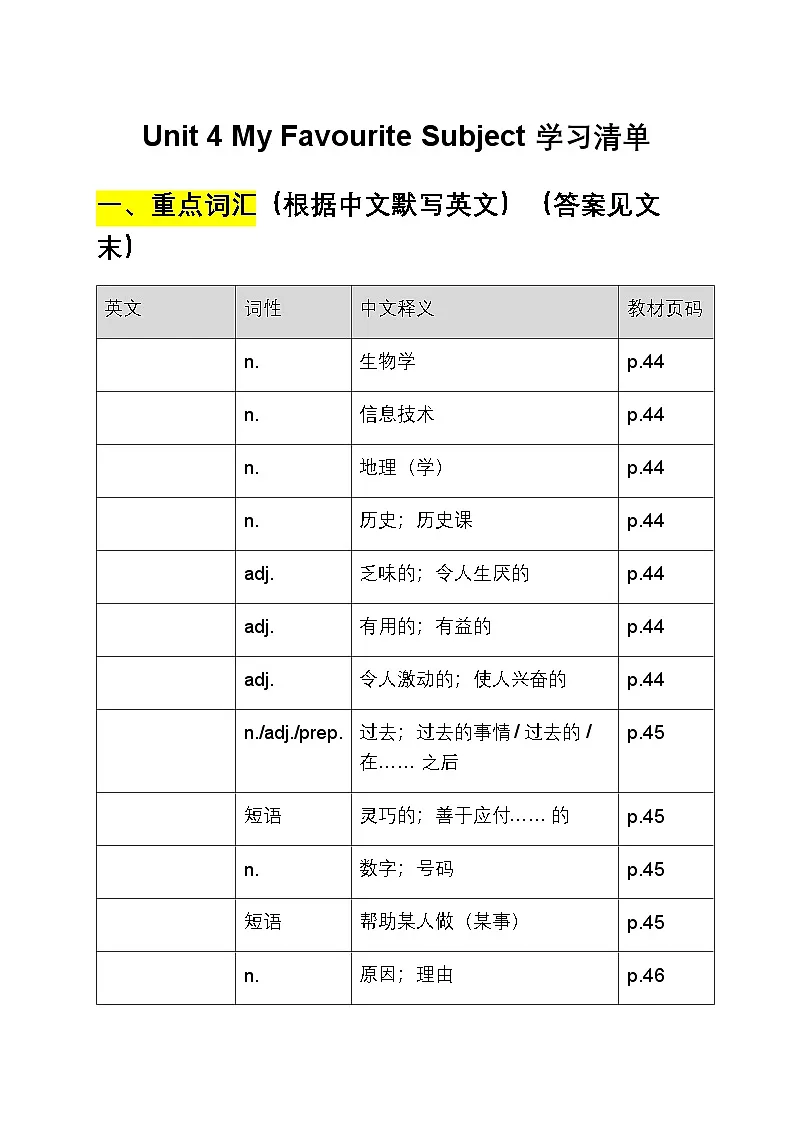 2024年人教版英语七年级上册Unit 4My Favourite Subject学习清单学案（含书面表达）第1页