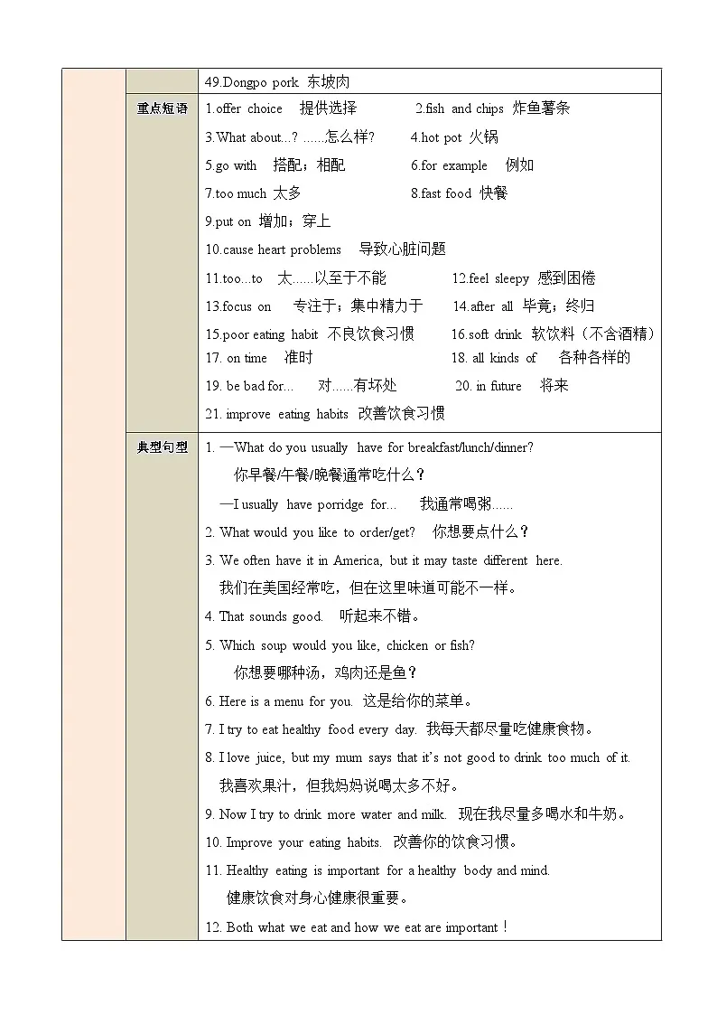 人教版2025年七年级英语下册 Unit 4 Eat Well【单元知识清单】第3页