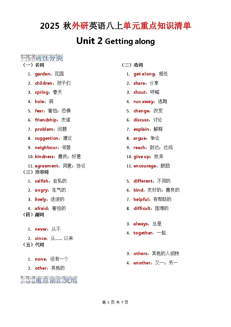 2025 秋外研英语八上单元重点知识清单Unit 2第1页