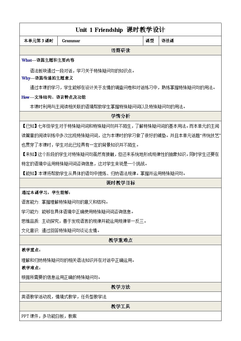 Unit 1 Friendship 第3课时 Grammar教学设计第1页