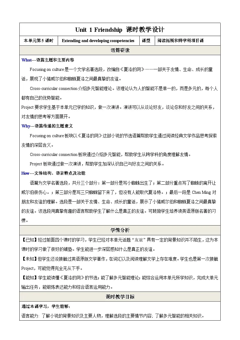 七上 Unit 1 Friendship 第五课时Extending and developing competencies教学设计（牛津沪教版）第1页