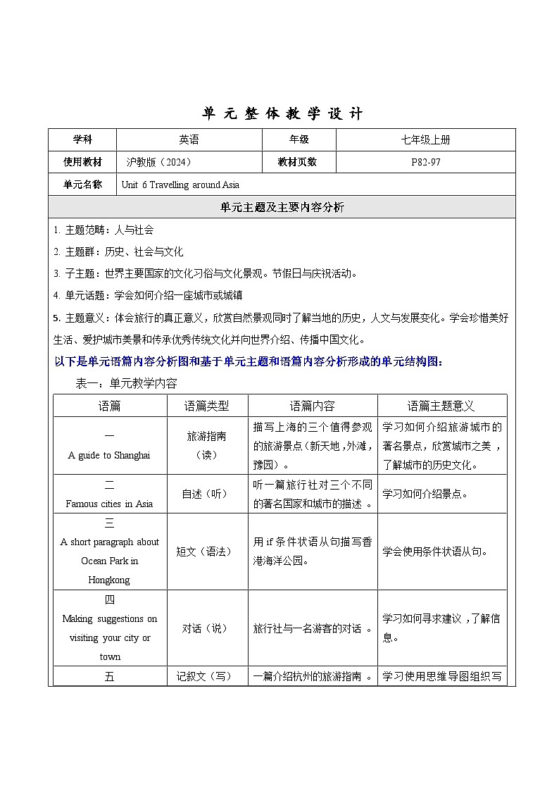 Unit 6 Travelling around Asia 大单元整体教学设计第1页