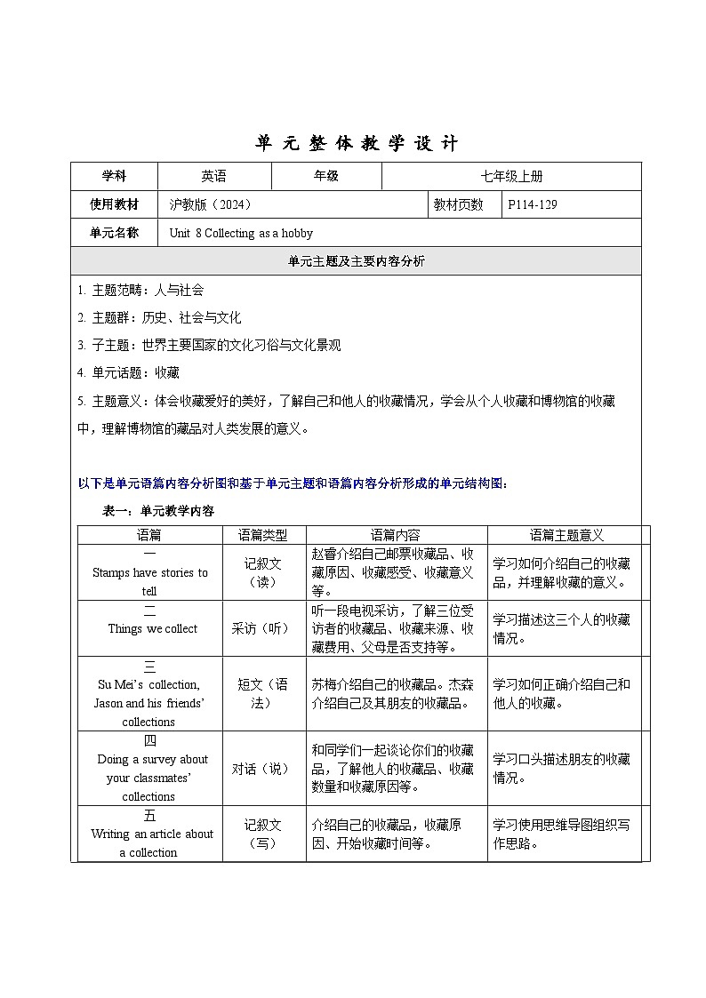 Unit 8 Collecting as a hobby 大单元整体教学分析第1页