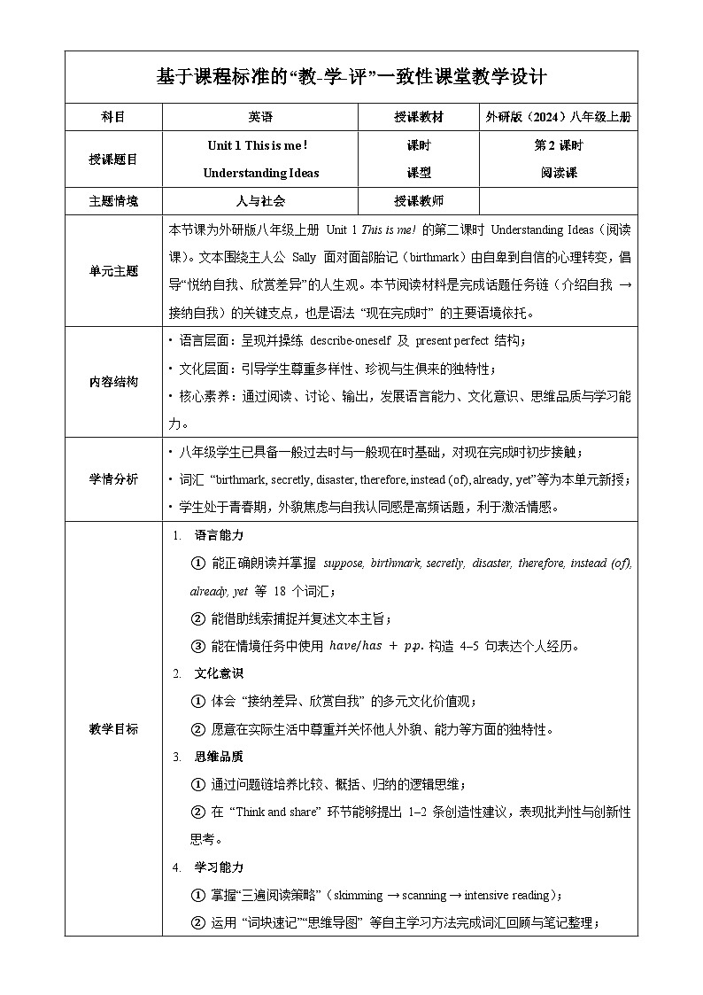 Unit 1 课时2 Understanding Ideas（教学设计）英语外研版2024八年级上册第1页