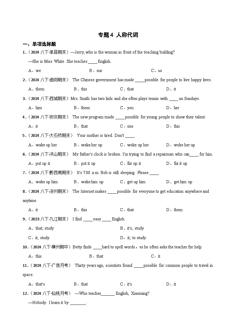 专题4 人称代词 -2025年八年级英语下册暑假语法真题专练（通用版）（含答案+解析）第1页